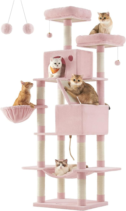 Feandrea Cat Tree, 81.1-Inch Large Cat Tower with 13 Scratching Posts, 2 Perches, 2 Caves, Basket, Hammock, Pompoms, Multi-Level Plush Cat Condo for Indoor Cats, Jelly Pink UPCT190P01