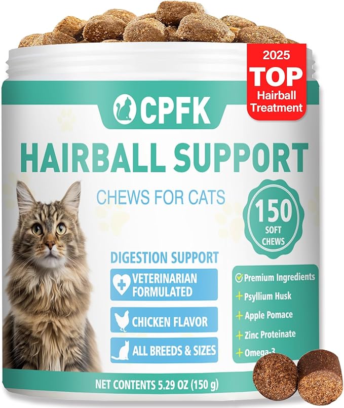 Cat Hairball Remedy Treats, 150 Soft Chews Cat Hair Ball Treatment Furball Control Relief Helps Eliminate and Prevent Hairballs for Indoor Cats Supports Skin and Coat Digestion Chicken Flavor
