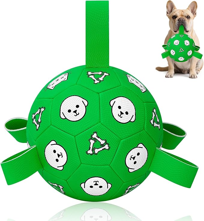Dog Toys Ball, Durable Dog Soccer Ball with Straps, Interactive Dog Toys for Tug of War, Water Pool Puppy Toys for Indoor/Outdoor – Fun Dog Birthday Gift for Small & Medium Dogs, 6 Inch