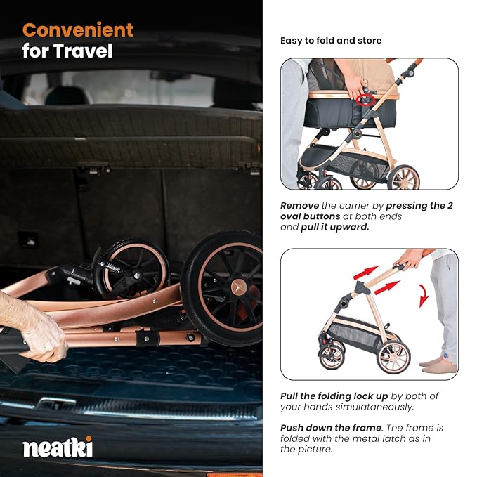 3 in 1 Pet Stroller - Stroller for Small to Medium Dogs and Cats up to 55 lbs, with Detachable Carrier/Car Seat, Foldable and Lightweight, Detachable Cushion + Cup Holder (Gray)