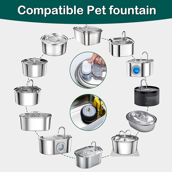 Cat Water Fountain Filters,16 Pack Cat Fountain Replacement Filters for Stainless Steel 67oz/2L Adjustable Water Flow Pet Water Fountain,Dog Water Fountain (8+8 Pack)