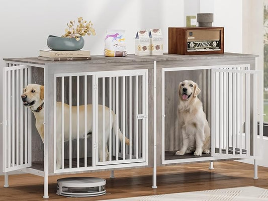 78 Inch Dog Cage Furniture for 2 Large/Medium Dogs with Removable Divider, Extra Large Double Doors Dog Kennel, XXL Thick Wooden Dog cage Furniture, Durable and Sturdy, Beige