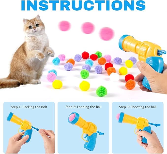 Dorhui Cat Toy Gun Launcher - 30 Pcs Sparkle Pom Pom Balls and Ball Launcher, Fetch Toy Gun Shooter, Interactive Glitter Balls for Indoor Cats and Kitty Gifts