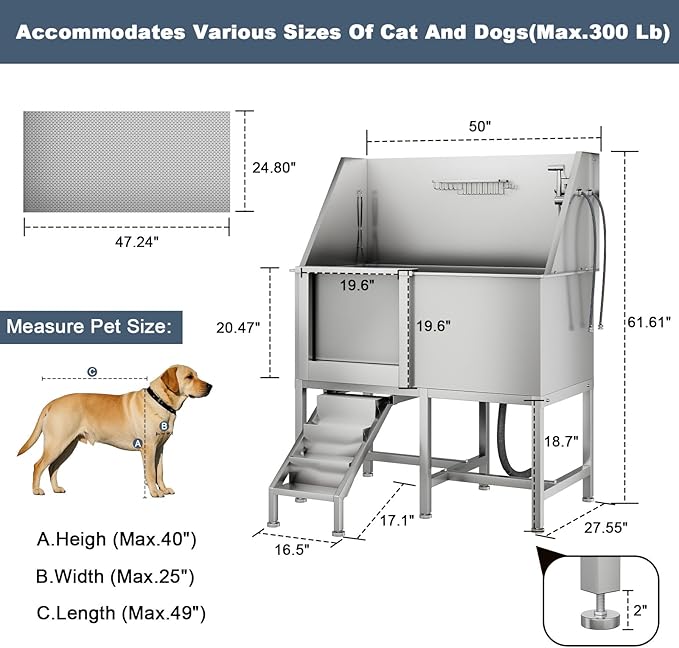 50" Dog Bathtub for Large Dogs, Professional Dog Washing Station with Wash Tub Attachment, Bath Pool for Outdoor, Indoor Shower and Grooming (50" Left Door)
