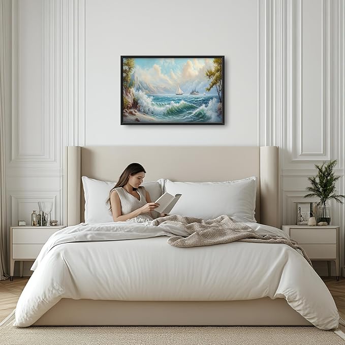 Framed Large Sailboat Wall Art for Living Room, Oversized Sea Coastal Wall Decor Beach Nautical Canvas Painting Seascape Pictures Home Decoration for Living Room Bedroom Office 36"x24"