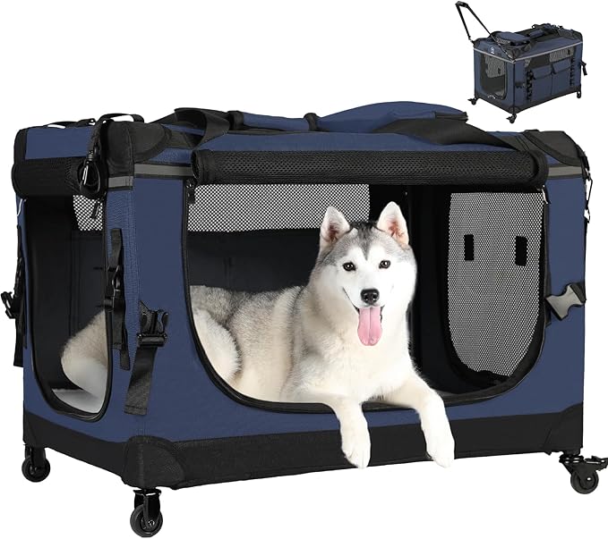 30IN Soft Collapsible Dog Crate w Detachable Wheels, Rolling Travel Dog Crate for Medium Breed Dogs, Portable Dog Kennel with Mesh Windows, Indoor & Outdoor Uses