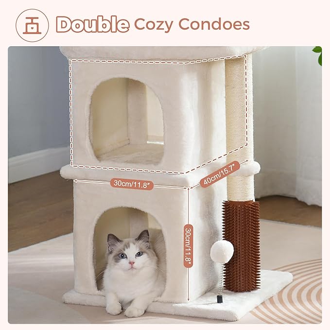 Cat Tree with Large Top Bed 17.7x15.7” Small Cat Tower with Dual Condos,28” Fully Scratching Post and Self Groomer for Indoor Cats-Beige