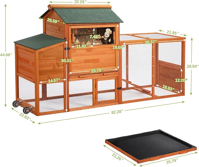 COZIWOW 82" Large Wooden Chicken Coop, Outdoor Rabbit Hutch with Wheels, Sunshine Board, Asphalt Roof, Ramp, Openable Top, Door, Window, Pull-Out Tray, Indoor Bunny Cage (Orange with Pattern)