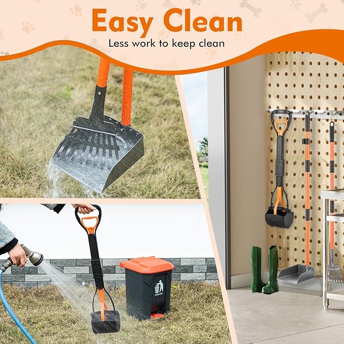 28" Pooper Scooper and 38" Heavy Duty Stainless Steel Rake & Tray Set, 3 in 1 Portable Dog Pooper Scooper Set for Large Medium Small Dogs in Grass, Dirt or Gravel