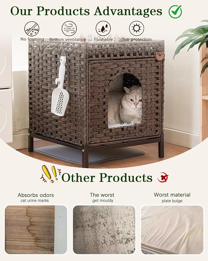 Cat Litter Box Enclosure Hidden Litter Box Furniture with Metal Heightened Feet, Rattan Handwoven Cat House with Litter Mat, Hidden Litter Box Furniture for Bedroom Living Room Brown