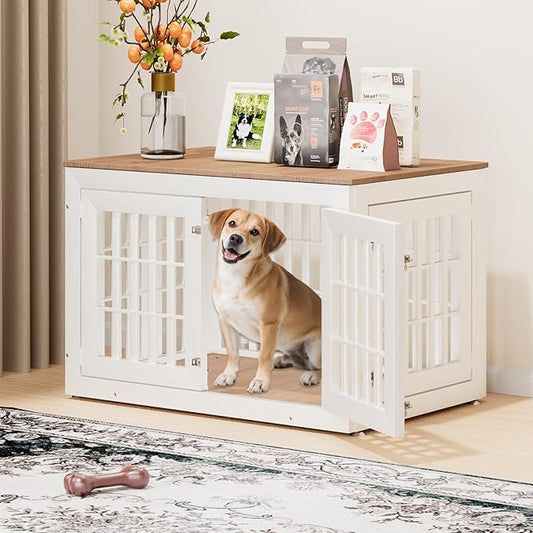 42" Heavy Duty Dog Crate Furniture for Small,Medium and Large Dogs,Rustic Wooden Dog Cage Kennel Indoor Furniture with Waterproof Top,Decorative Pet House Side End Table (White & Wood)