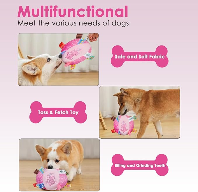 Dog Squeaky Plush Toy with Straps, 6-Inch Soft Stuffed Ball with Cotton Material and Bell Built-in, Pet Interactive Fetch Toy for Small to Large Dog