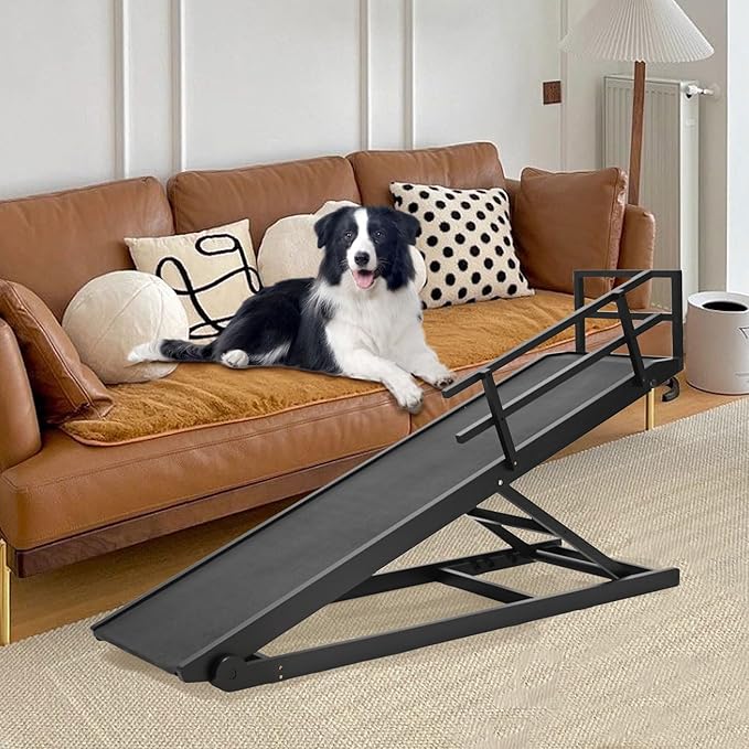 Dog Ramp for Bed, Adjustable Pet Ramps for Dog to Get on Bed, Non-Slip Rubber Surface - Folding Wooden Dog Ramp for Small/Large/Old Dogs, Adjustable up to 31 inch High Beds, Safety Railings