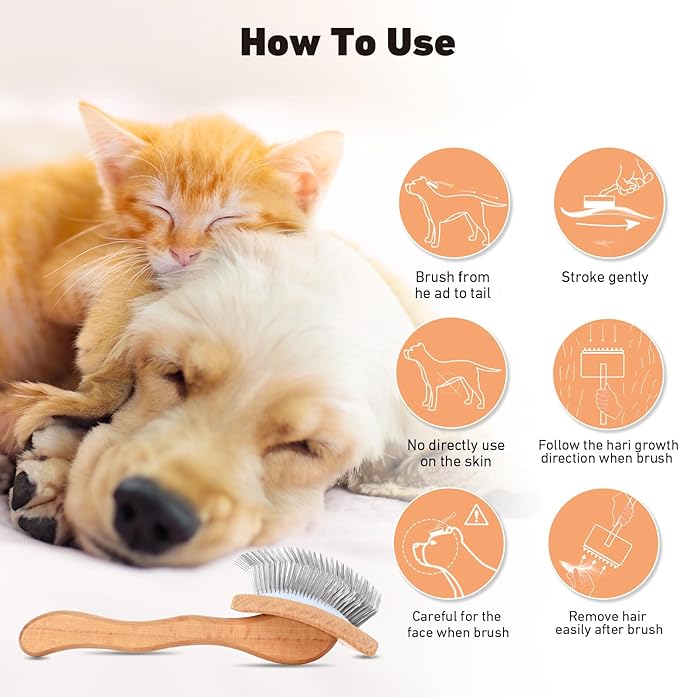 Dog Slicker Brush for Shedding and Grooming Medium or Long Haired Cats, Extra Long & Soft Pin Slicker Brush for Removes Loose Hair, Tangles, Knots, Undercoat, Free Pet Comb, Large, Oak