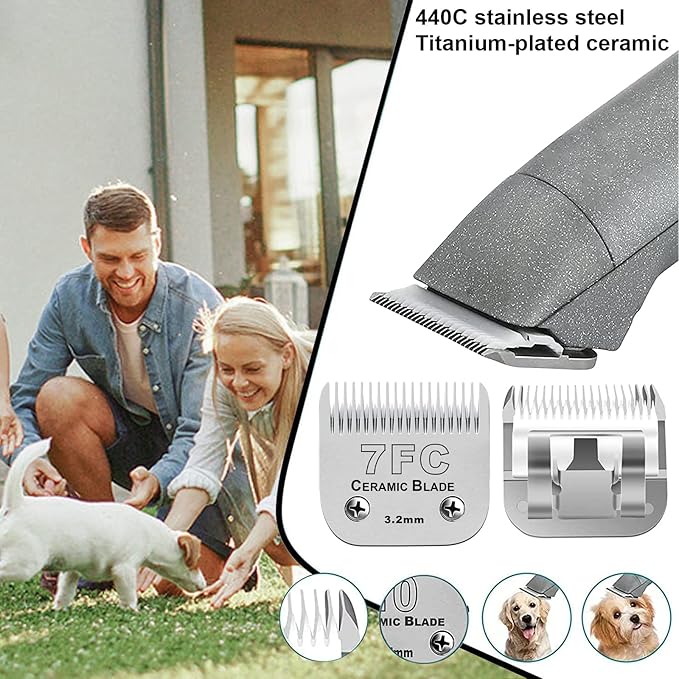 2PC 7FC Blade Dog Grooming Clipper Blade Compatible with Andis Dog Clipper/Oster A5/Wahl KM-10 Series,Ceramic Blade & Stainless Steel Blade
