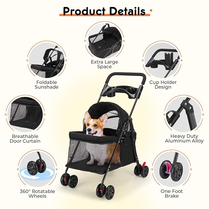 Foldable Pet Stroller for Small/Medium Pets up to 22 lbs - Lightweight 4-Wheel Design with Sun Canopy, Storage Bag & Breathable Mesh