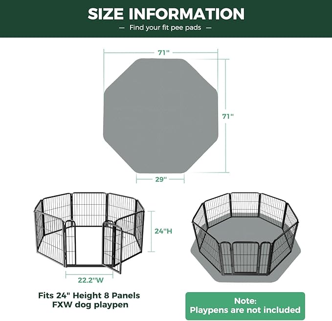 FXW Washable Pee Pads for Dogs, Puppy Pads with Super Absorbent, Specifically Designed Rollick/Homeplus 24inch 8 Panels Dog Playpen, 29" Octagon, Gray, 1 Pack