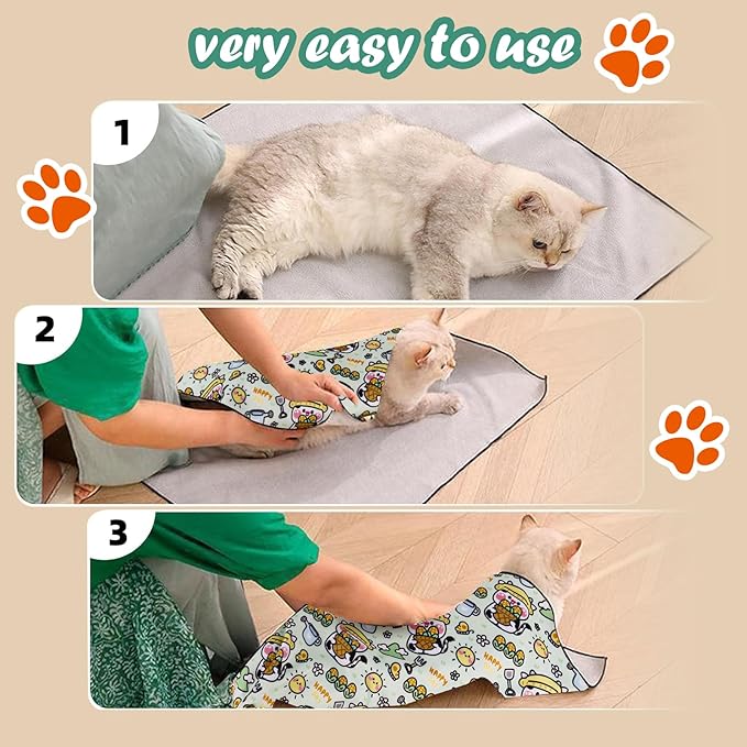 Cat Wrap for Cutting Nails and Grooming(27"x27"),Cat Restraint Wrap for Nail Clipping, Self-Adhesive Fabric Cat Swaddle Burrito Wrap for Nail Trimming (Cow Style)
