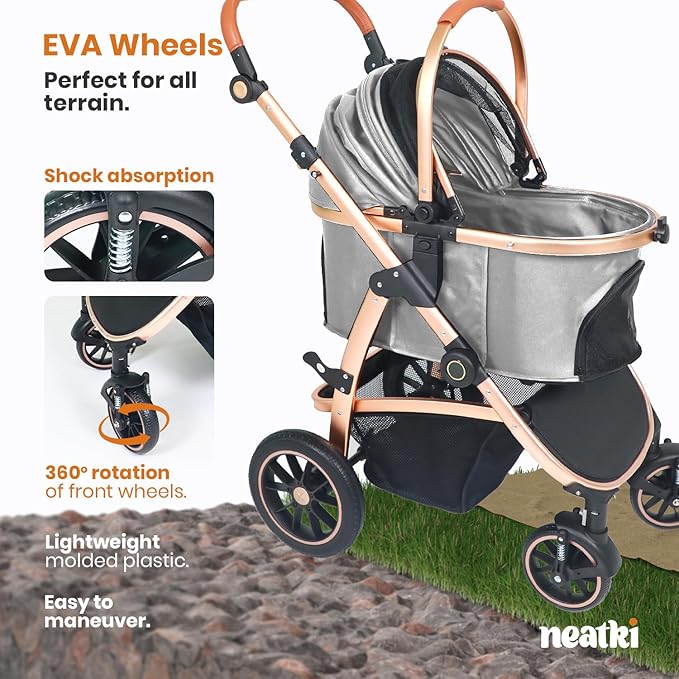 3 in 1 Pet Stroller - Stroller for Small to Medium Dogs and Cats up to 55 lbs, with Detachable Carrier/Car Seat, Foldable and Lightweight, Detachable Cushion + Cup Holder (Gray)