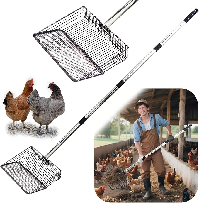 Chicken Poop Scooper - 54-Inch Long Handle Chicken Coop Cleaner, 10-Inch Wide Metal Waste Scooper for Poultry, Rabbit Hutch & Pet Cages