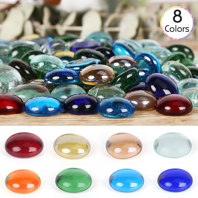 FUTUREPLUSX 1LB Multicolored Flat Glass Marbles, Mixed Mancala Stones Pebbles Flat Beads Mosaics Gemstones for Vase Filler Table Scatter Home Decor