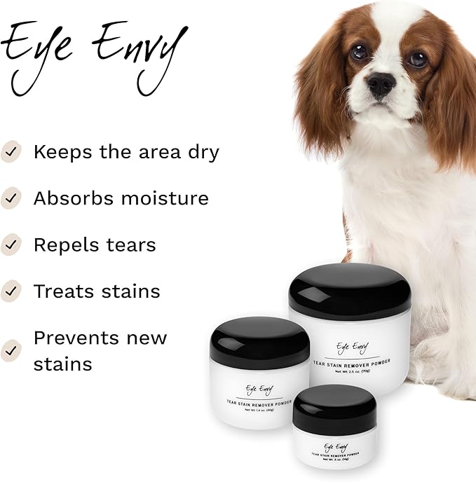 Eye Envy Tear Stain Remover Powder for Dogs and Cats. 100% Natural, Safe. Apply Around Eyes. Absorbs and Repels Tears. Keeps Area Dry. Treats The Cause of Staining. Made in The USA (1.4 oz)