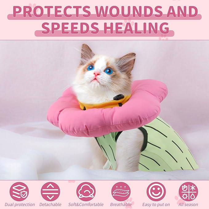 EMUST Cute Cat Recovery Suit and Adjustable Flower Cone Collar Set - Soft Surgical Suit for Abdominal Wounds, Cat Cones After Surgery for Female Kittens Under 4lb (Green)