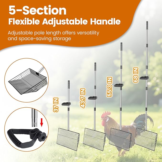 15 inch Extra Large Chicken Poop Scooper with Ergonomic Grip,5-in-1 Heavy Duty Adjustable Coop Scoop for Poop (24 to 68"), Stainless Steel Sifting Litter Shovel Scoop for Chicken Coop