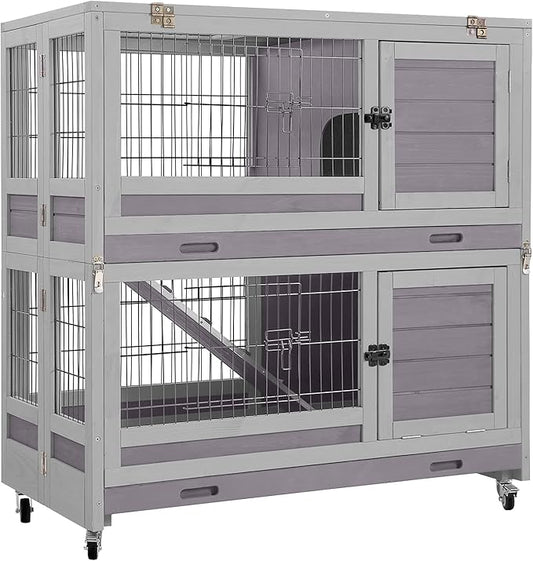 Aivituvin Large Rabbit Hutch Indoor and Outdoor Folding Bunny Cage on Wheels Guinea Pig Cage with Deep No Leak Pull Out Tray,Upgrade Version (Light Gray)