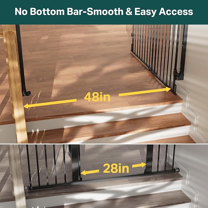 Cumbor 31.6-48" No Bottom Bar Baby Gate for Stairs, 2-in-1 Auto Close Dog Gate Indoor, Hardware Mounted Pet Gate for Doorways with Large Walk Thru Door, Child-Proof Safety Gate for Kids (Black)