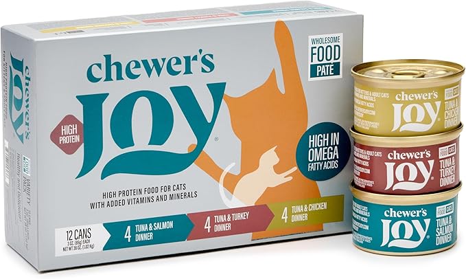 Chewer's Joy Wet Cat Food Variety Pack – 3 Flavors: Tuna & Salmon, Chicken & Turkey – Natural Pâté – High Protein – Grain Free – Complete & Balanced Nutrition – 12 Cans (3 oz)