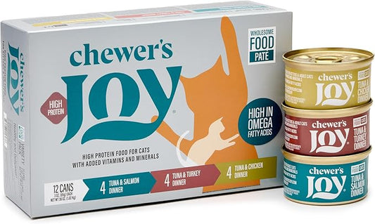 Chewer's Joy Wet Cat Food Variety Pack – 3 Flavors: Tuna & Salmon, Chicken & Turkey – Natural Pâté – High Protein – Grain Free – Complete & Balanced Nutrition – 12 Cans (3 oz)