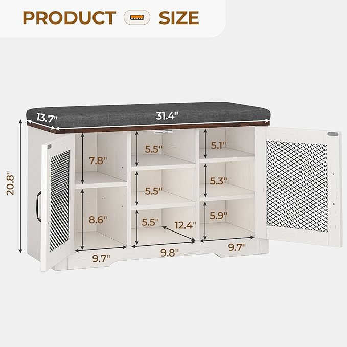 Farmhouse Storage Bench with Cushion, Metal and Wood Shoe Rack Organizer, Adjustable Shelf, Shoe Cabinet with Half Hidden Storage Space, for Entryway, Bedroom, Living Room (Old White, 31.4in)