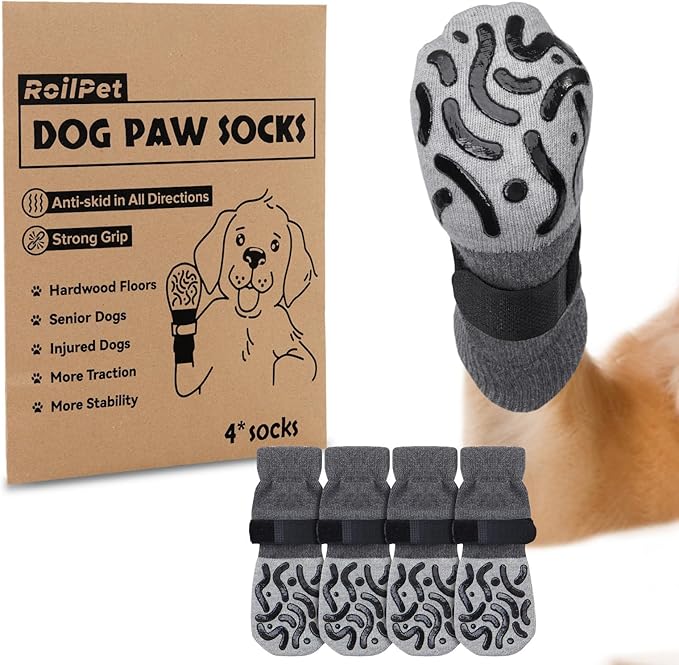 Double Sides Non-Slip Dog Socks to Prevent Licking Paws - Strong Traction for Hardwood Floors, Senior Dogs, Paw Protector, Dog Socks with Grippers - Size Small