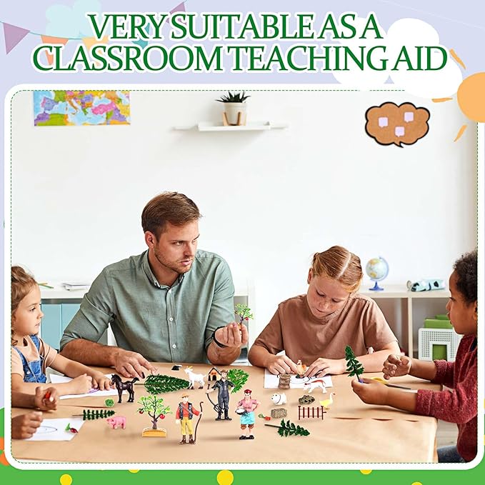 27 Pcs Farm Toys Set, 3 Little Farmer Figurines 9 Plastic Animals Figurines 10 Feed Food Fence Playset 4 Model Trees 1 Moss Mat Animal Farm Toys for Educational School Project Gift