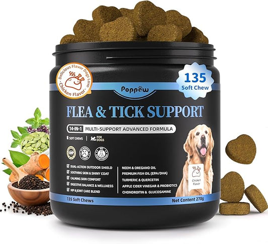 Dog Flea and Tick Support Chewable, Natural Dog Flea Comfort Supplement, Oral Chews with Neem, Oregano Oil, Pumpkin Seed Oil & Brewer's Yeast – 135 Soft Chews, Chicken Flavor – for All Breeds & Sizes