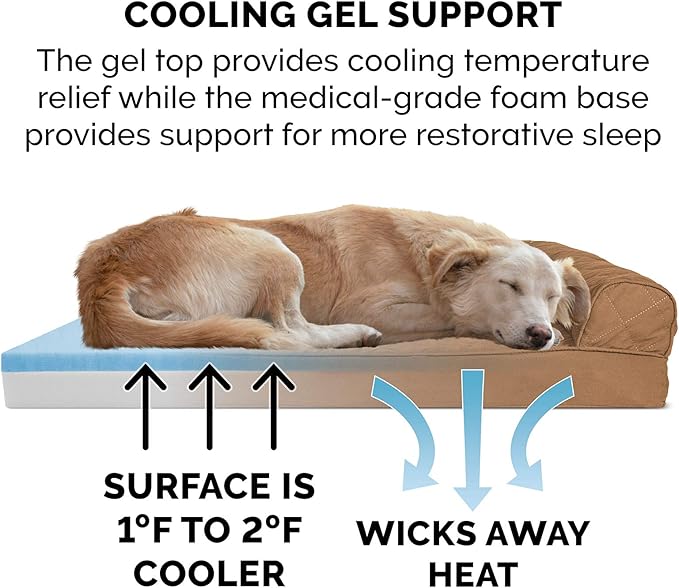 Furhaven Cooling Gel Dog Bed for Medium/Small Dogs w/ Removable Bolsters & Washable Cover, For Dogs Up to 35 lbs - Quilted Sofa - Toasted Brown, Medium
