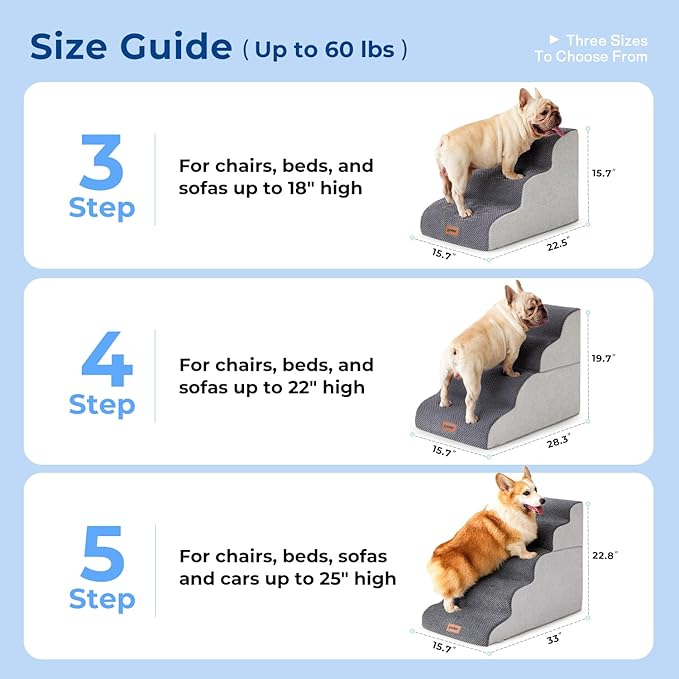 Dog Stairs for Small Dogs - Pet Stairs for Couch and Bed, 35D Foam Dog Steps Ramp with Non-Slip Bottom Brown, 3 Steps