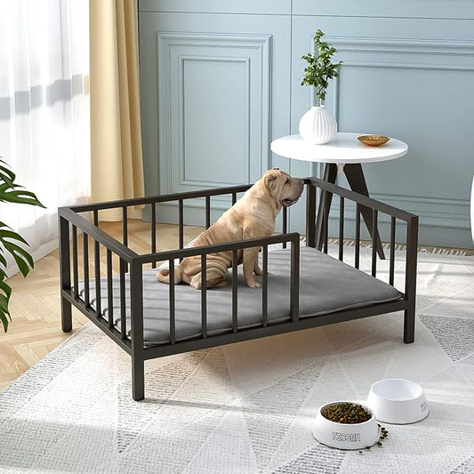 Dog Bed with Rails - Elevated Pet Metal Bed Frame with Solid Wood Board and Washable Soft Mat for Medium Dog Indoor or Outdoor Use, 25.2" x 37.8", Black