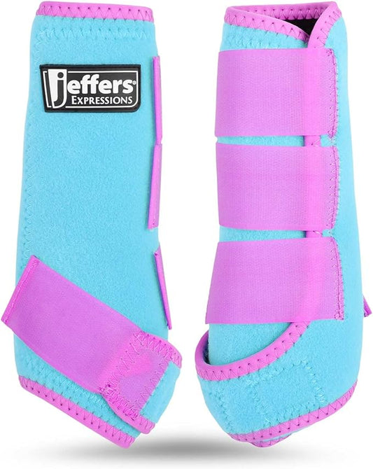 Jeffers Equine Neon Horse Boots – 1 Pair – Turquoise & Purple – Small Size – Breathable Neoprene, Secure Straps Closures – Durable Protection for Front & Hind Legs, Training, Trail & Riding Use
