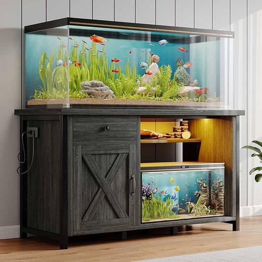 4ever2buy 55 Gallon Fish Tank Stand with LED Light & Power Outlets, 55-75 Gallon Aquarium Stand with Drawer & Barn Door, Cabinet for Fish Tank Accessories Storage for Reptile Tank, Turtle Tank, Gray