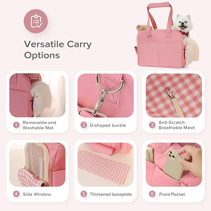 Dog Purse Carrier for Small Dogs, Soft Soft Sided Folding Dog Carriers for Small Dogs Medium Cats Puppies up to 15 Lbs, Washable Breathable Puppy Carrier for Outdoor Travel (Large Pink)