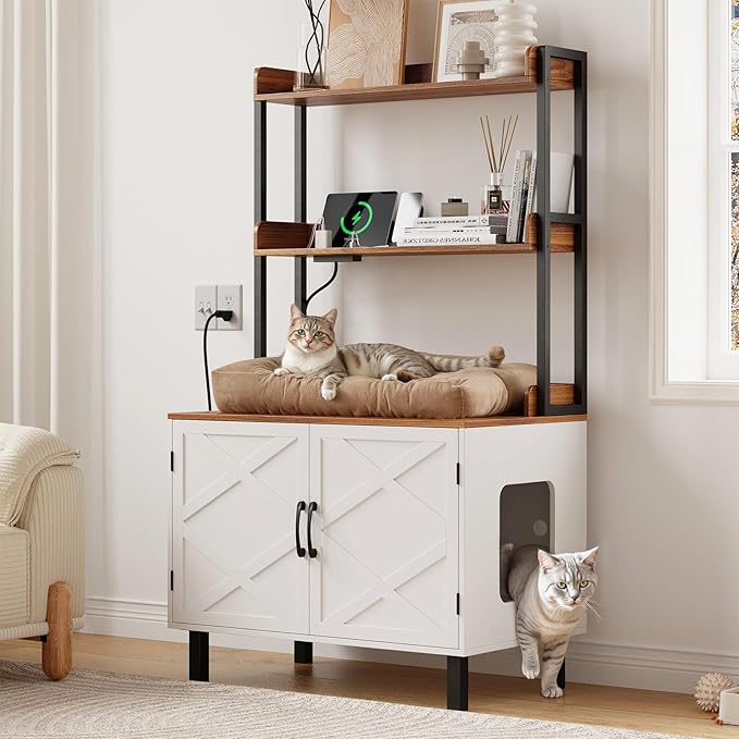 55 Inches Cat Litter Box Enclosure, Hidden Litter Box Furniture with 2 Storage Shelves and Charging Sockets, Wooden Cat House, Large Indoor Cabinet for Living Room & Entryway, White