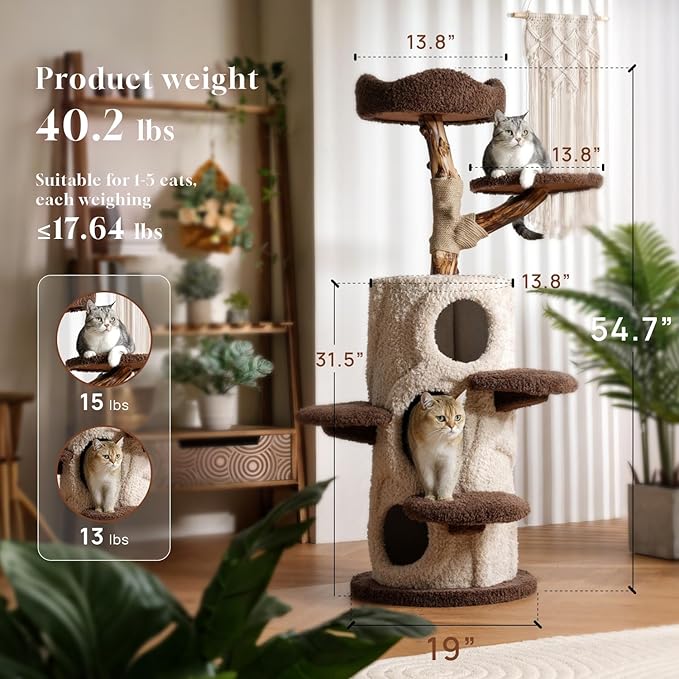 54.7'' Tall Modern Wood Cat Tree with 3 Level House, Luxury Cat Tower for Home Decoration, Large Cat Condo for Multi-Cat Families