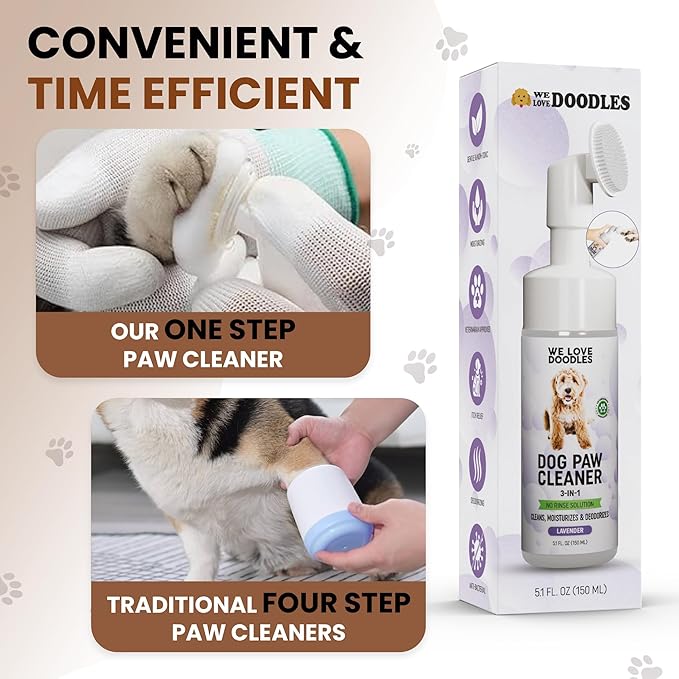 Dog Paw Cleaner (Over 100+ Feet Cleanings) No-Rinse Dog Foot Washer, Gentle and Safe Paw Cleaner for Dogs and Cats, Foam Formula, Moisturizes and Deodorizes, 150mL (Lavender) [We Love Doodles]