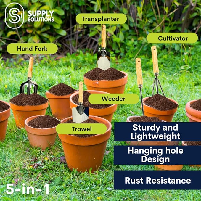 Gardening Tools - Perfect Garden Tools for Women or Men - Small Heavy Duty Gardening Hand Tools with Trowel, Transplanter, Fork, Rake, and Cultivator - Ergonomic Design Gardening Kit