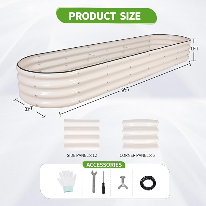 Galvanized Raised Garden Bed - 8x2x1FT Metal Planter Boxes Outdoor | Oval Steel Raised Bed Kit for Gardening with Protective Tape, Bracing Rods, Gloves for Vegetables, Flower, Herb (White)