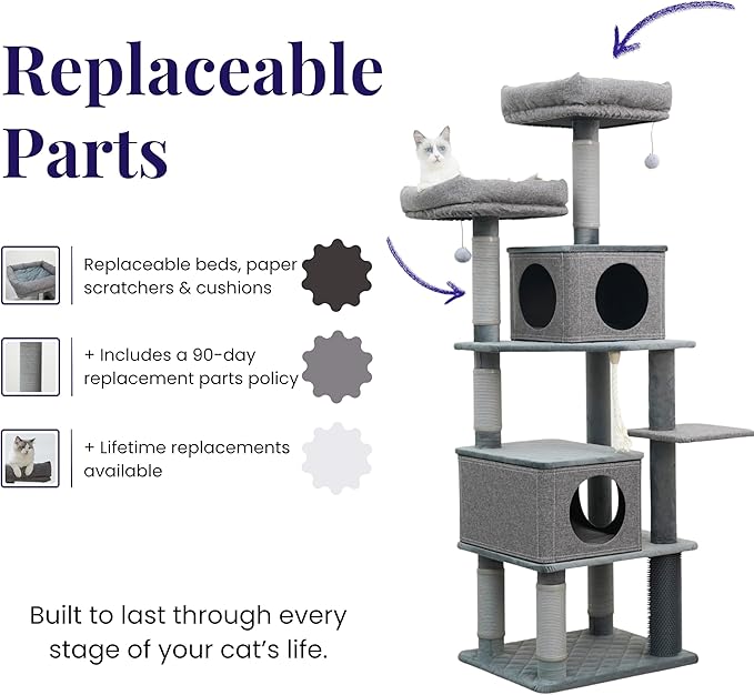 Catry® Stella 7-Level 67.5” Linen & Quilted Velvet Cat Tree with Recycled Paper Scratchers, Two Condos, Removable Beds, Toys, Easy to Clean, Ideal for Large Cats and Multi-Cat Homes (Zinc Gray)
