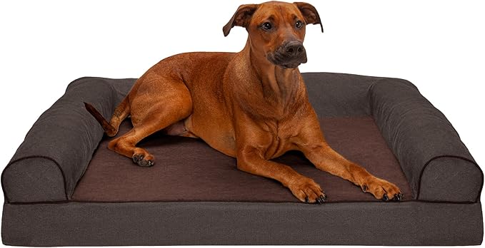 Furhaven Orthopedic Dog Bed for Large Dogs w/ Removable Bolsters & Washable Cover, For Dogs Up to 95 lbs - Sherpa & Chenille Sofa - Coffee, Jumbo/XL
