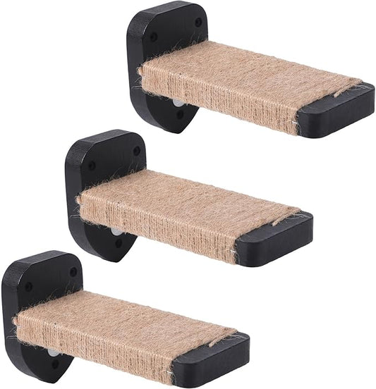 3-in-1 Cat Wall Steps - Climbing Wall Furniture & Shelves with Hemp Rope, Solid Wood Cat Ladder (Standard-Black)